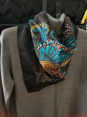 Source Unknown Black Scarf with Teal Orange Yellow Paisley Motif